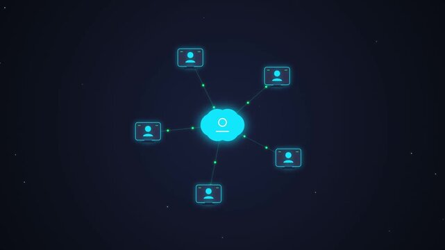 A motion graphic animation showing a central cloud hub connecting to multiple user device icons representing cloud computing data sync and remote network connectivity.