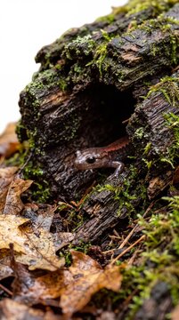 Wild Salamander Resting Beneath a Damp Mossy Log