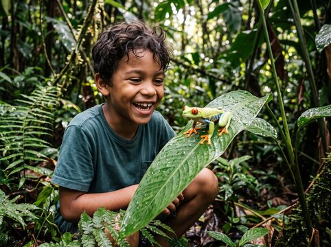Mixed Ethnicity Boy Gazing at Red Eyed Frog