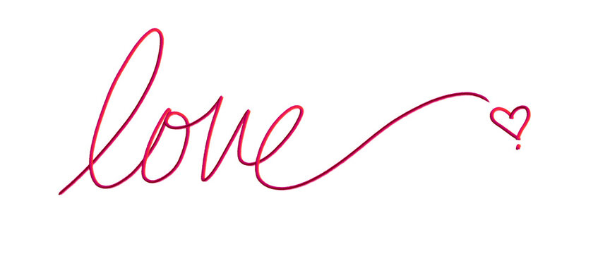 Elegant cursive love text with a small heart symbol isolated on transparent background, romantic handwritten calligraphy for wedding invitations and greeting cards.
