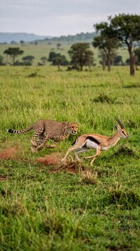 Cheetah Pursuing a Gazelle in Lush Grassland