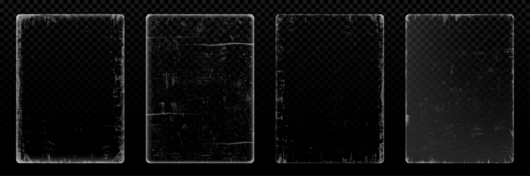 Vintage distressed border frames set, 4 white grunge texture overlays on black background, antique weathered paper edges for photo effects