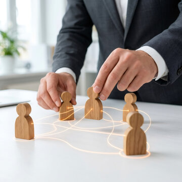 Businessman arranging wooden figures connected with glowing light lines ideal for networking concepts