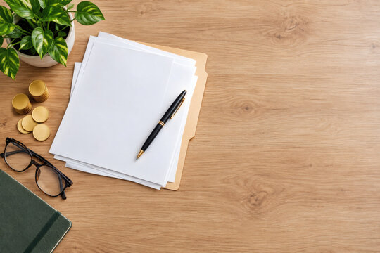 Tax season desk flat lay with blank documents and coins