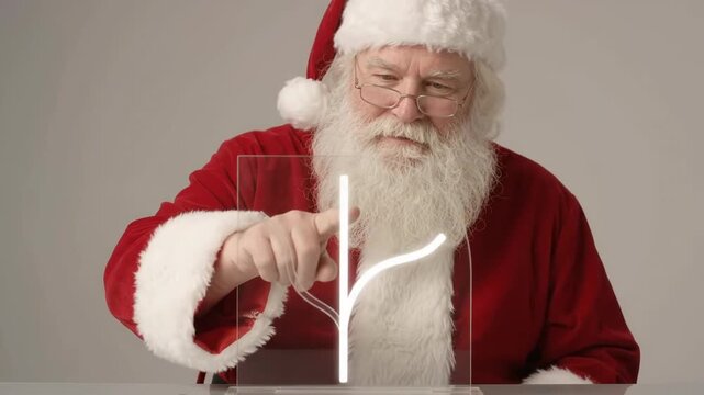 Santa Claus Tracing a Glowing Route on a Transparent Display
