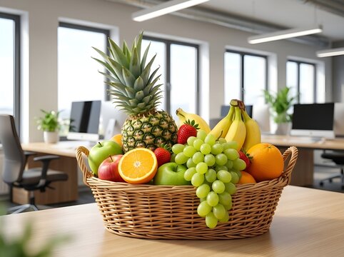 Fresh fruit basket in modern office space