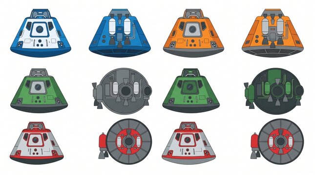 Collection of colorful space capsule command modules in flat design with spacecraft exploration aerospace technology