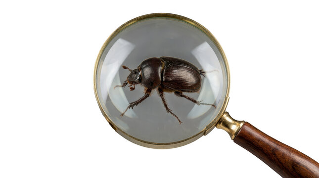 A dark brown beetle specimen observed under a magnifying glass isolated on transparent background