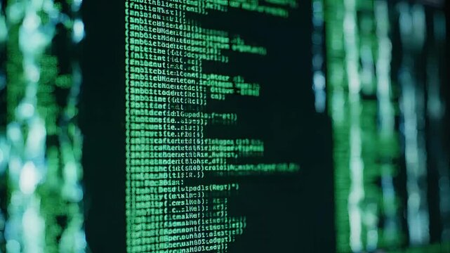 Computer code in green text streams across a dark digital screen in a software development environment.