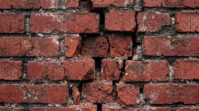 Close up view of fractured red brick masonry wall