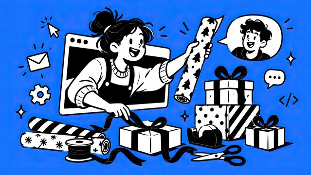 Black and white illustration of a cheerful woman preparing wrapped gifts with scissors, ribbon, presents, and festive decorations on a blue background.