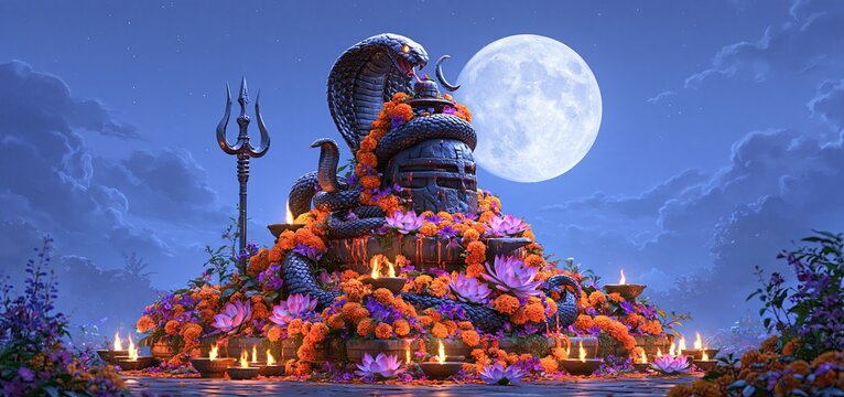 Under a calm moonlit sky, a cobra encircles a Shiva lingam decorated with lotus and marigold flowers for Nag Panchami.