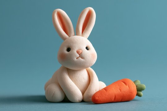 White clay rabbit sitting next to an orange carrot on a blue background