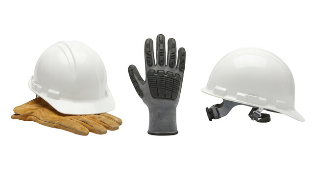 Construction safety equipment including hard hats and work gloves isolated on transparent background