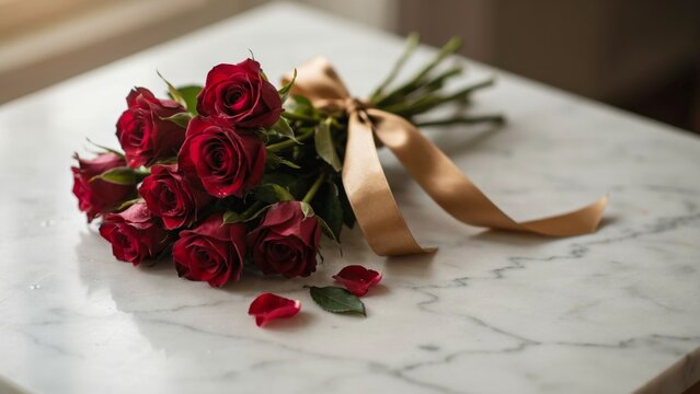 Bouquet of deep red roses tied with a golden ribbon rests on a marble surface