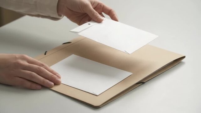 Shipping clerk hands removing two white order sleeves from a cardboard folder