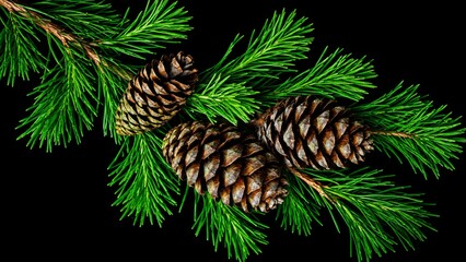Obraz premium Two textured brown pinecones rest among vivid green evergreen branches