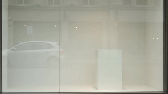 White Car Reflected in a Shop Window with a Display Pedestal