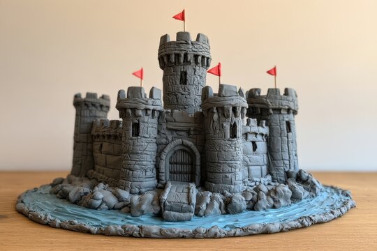 Handmade medieval fortress sculpture crafted from grey clay, featuring a surrounding moat