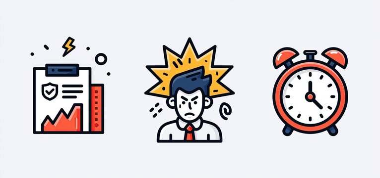 A set of sharp-edged, dark-toned icons illustrating stress, time pressure, and workplace overwhelm in a clean layout.