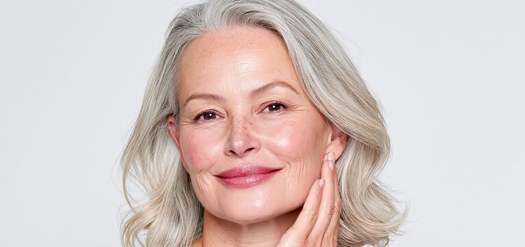 Silver-haired mature woman with glowing skin softly touching her face, highlighting natural elegance and skincare effects.