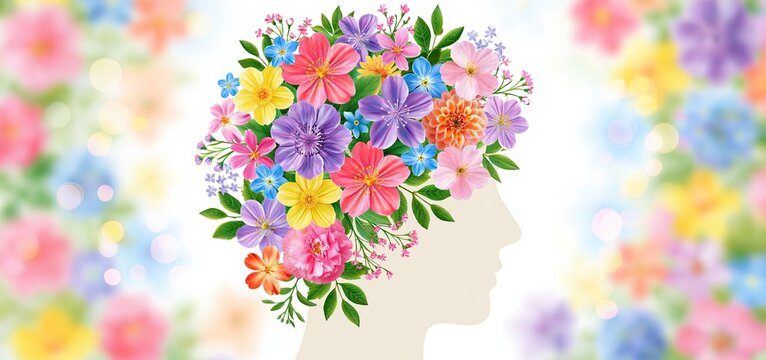 Vibrant floral human head silhouette symbolizing mental wellness with a bright, uplifting backdrop.