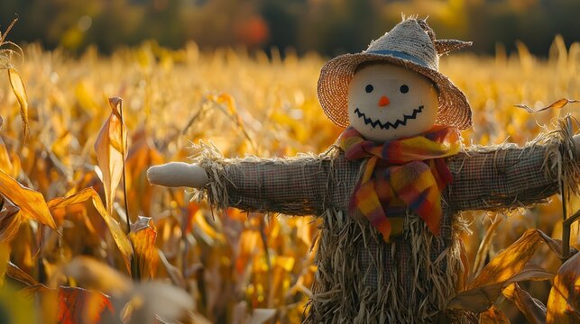 A scarecrow standing in a pumpkin patch surrounded by leaves
