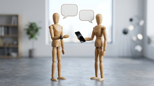 Two wooden mannequin dolls talking and holding a tablet device in a bright modern office room with speech bubbles