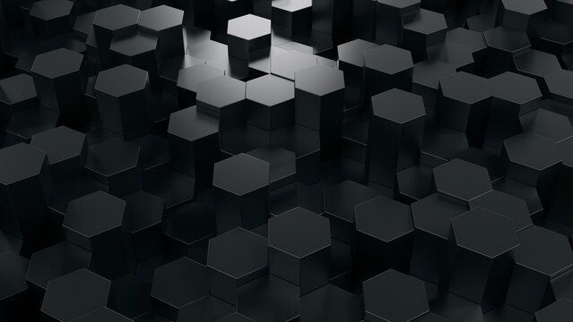Futuristic black hexagonal cellular wall texture 3D render for tech background