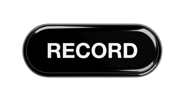 Glossy black oval button with the word record in white text, isolated on transparent background