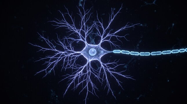 Microscopic neuron cell with glowing dendrites, human brain nerve cell anatomy, blue biological neural network illustration isolated PNG with Transparent Background