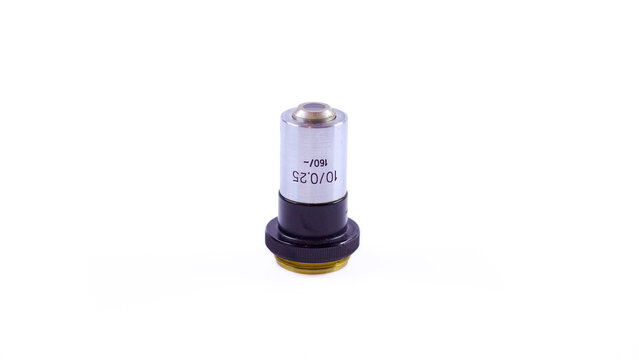 Silver microscope objective with 10x magnification and 0.25 numerical aperture, marked 160/- and fitted with a threaded metal mount, isolated on a white background.
