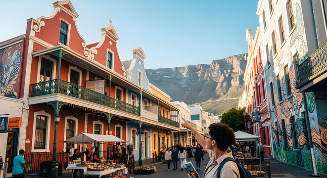 Colorful Cape Town Street with Mountain View