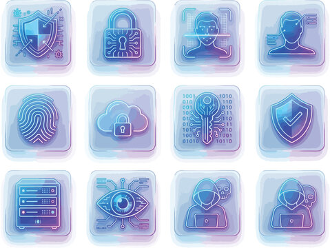Digital security icons featuring biometric authentication and cybersecurity elements in glowing style.