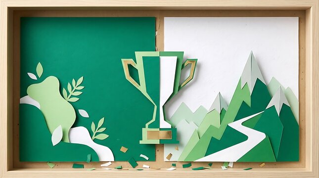 Winner trophy cup with mountain path and green leaves in a paper cut art style illustration