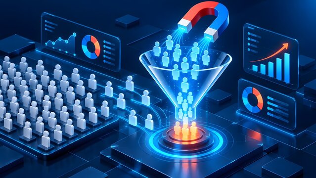 Marketing dashboard showing magnet attracting people into sales funnel representing customer acquisition and lead generation data analytics