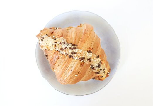 Martabak croissant. Croissant filled with grated cheddar cheese, chocolate sprinkles (meses), and crushed toasted peanuts