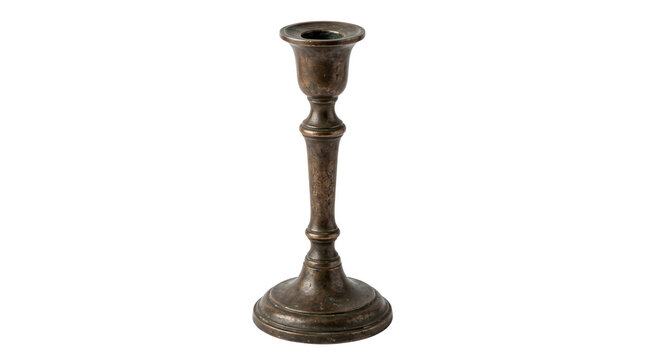 A single antique brass candlestick holder with a rustic weathered texture displayed as a high quality isolated object on a transparent background for design isolated on transparent background