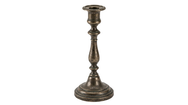 An elegant antique brass candlestick holder with a tall slender stem and a wide stable base presented as an isolated on transparent background