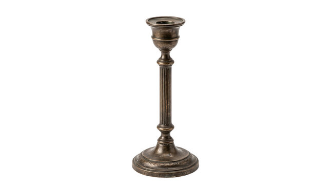 A tall vintage bronze candlestick holder with an elegant decorative design shown as a single isolated object on a transparent background isolated on transparent background
