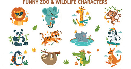 Fototapeta premium Funny Zoo and Wild Animals Cartoon Character Vector Set with Lion Elephant Giraffe Monkey Tiger Sloth and Alligator for Kids Birthday Cards and School Graphic Designs