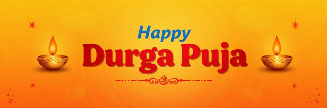Happy Durga Puja Greeting Banner with Golden Paisley Pattern and Diyas. 