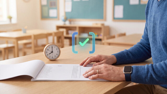 School attendance check and class register concept, teacher marking student attendance list in empty classroom with clock at 8 and checkmark for smart attendance tracking and school time