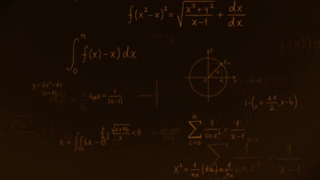 Complex mathematical formulas, integral notation, summation series, geometry diagram for scientific, academic background. Suitable for educational materials, presentations, articles.