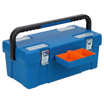 Blue plastic tool box with black handle for work isolated on transparent background
