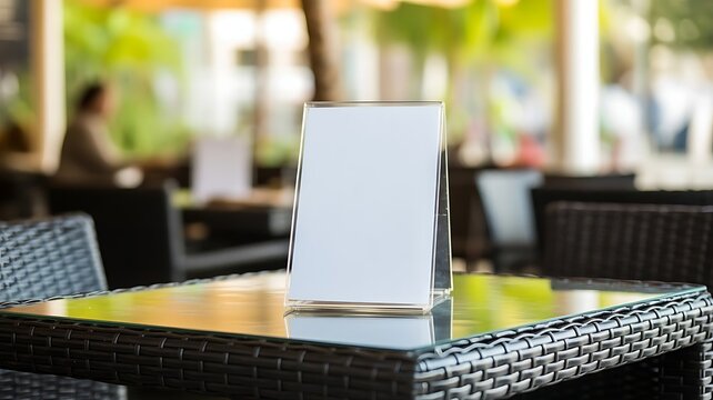 Mockup of blank white acrylic table tent holder on outdoor terrace furniture