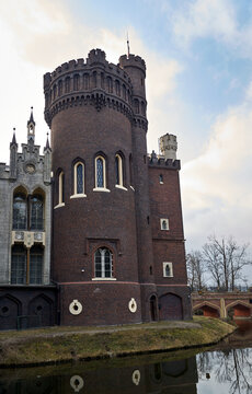 Tower of the historic Neo-Gothic castle in the town of Kornik
