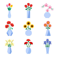 Fototapeta premium Beautiful flower bouquet in vase icon set. Rose, tulip, sunflower, orchid, daisy and lily blooming plants collection for greeting card template. Flat design. Isolated. White background. Vector