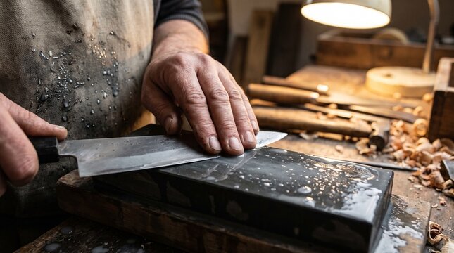 Craftsman sharpening a kitchen knife blade on a wet whetstone in a rustic woodworking workshop