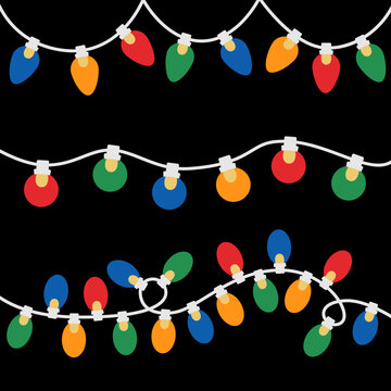 Colorful glowing lightbulbs set. Christmas lights garland strings collection for winter holiday celebration, party decoration, banner, border. Flat design. Isolated. Black background. Vector